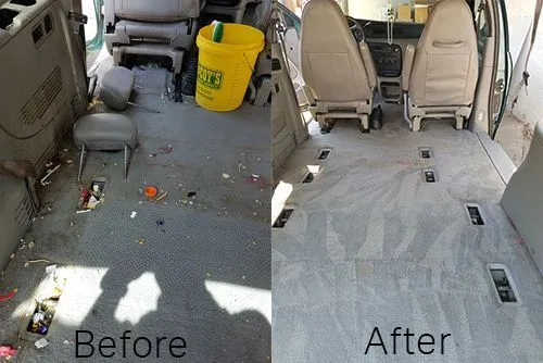 A before and after picture of the interior of a van