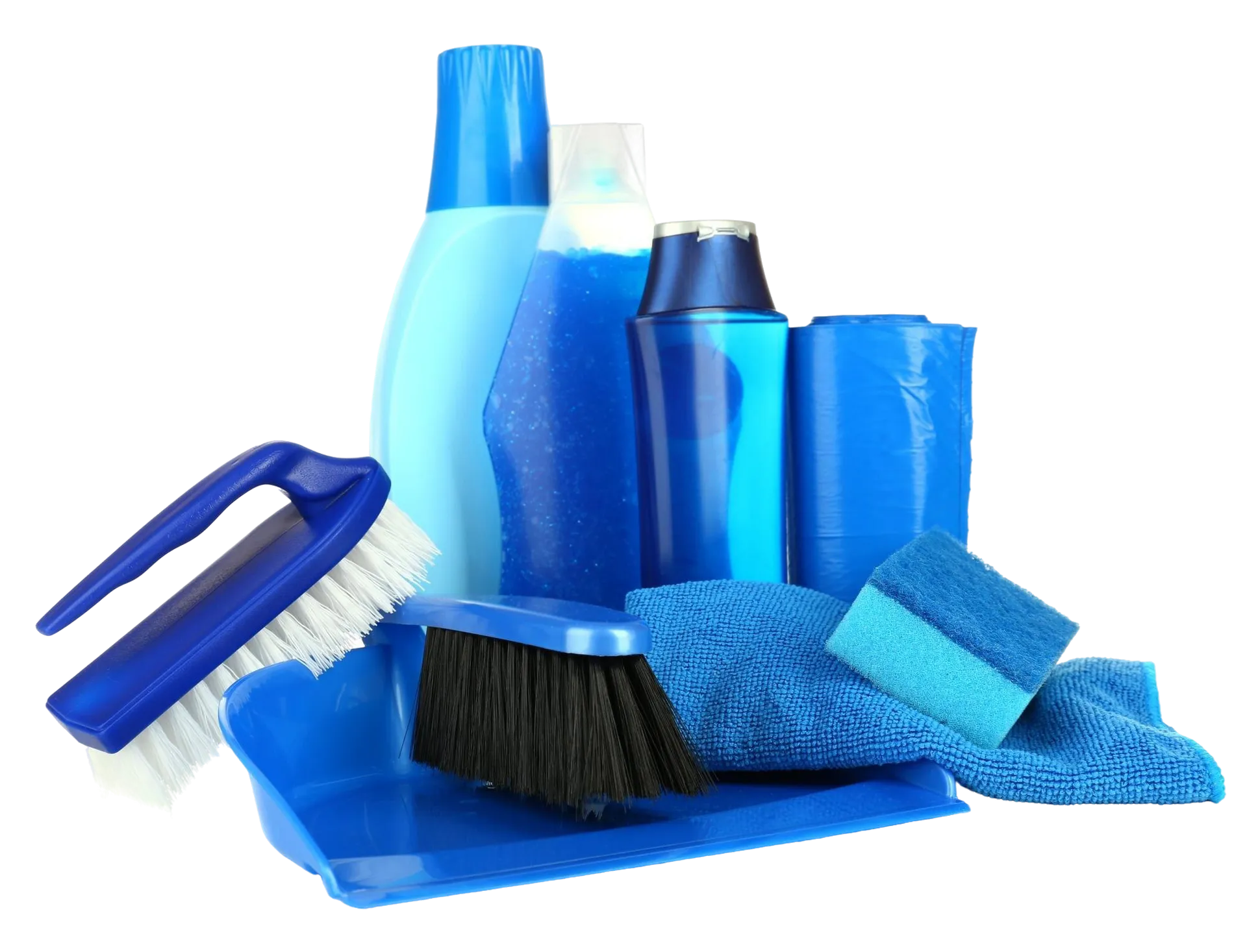 Blue window-cleaning supplies including brushes, sponges and spray bottles