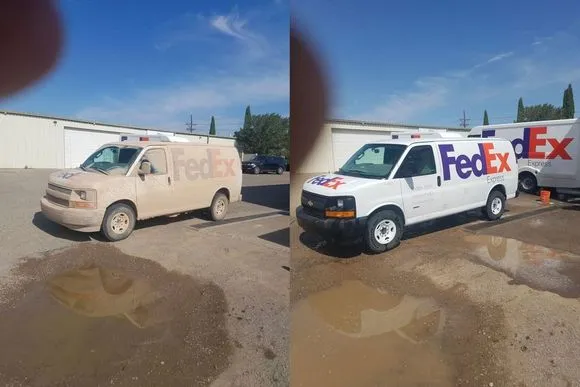 Two FedEx vans parked next to each other after a wash